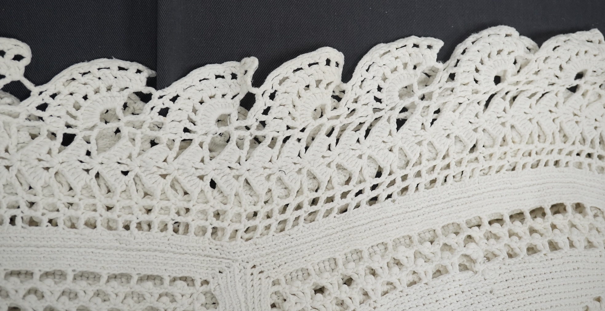 Three Edwardian thick white crochet bed covers, one made from squares with raised crochet flowers to the centres, another cover plainer and the other with loose crochet. 212cm x 166cm. Condition - all appear in good cond